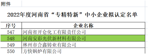 祝賀！光伏新材料通過河南省“專精特新”中小企業認定